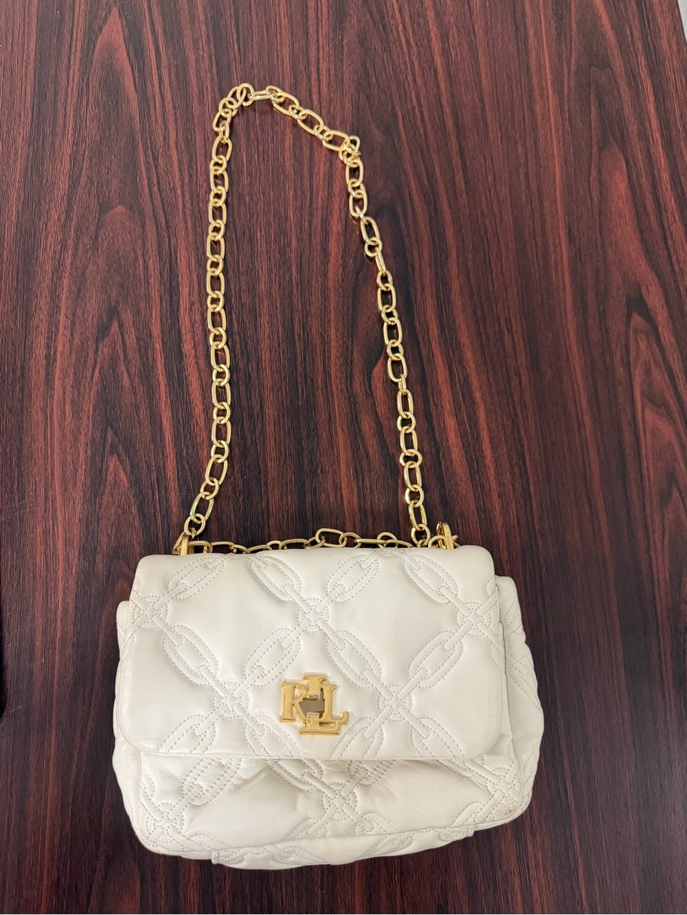 White Quilted Shoulder Bag with Gold Chain and Logo Accent